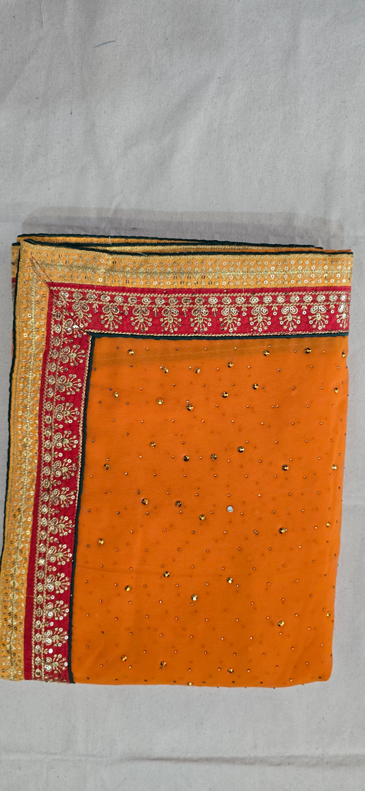 Orange Georgette full jarkan work with embroidered lace border