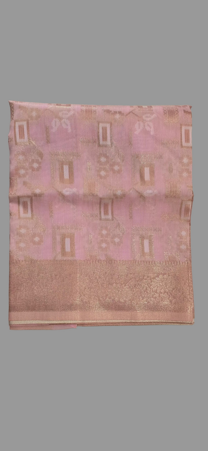 Pink Block Linen Saree