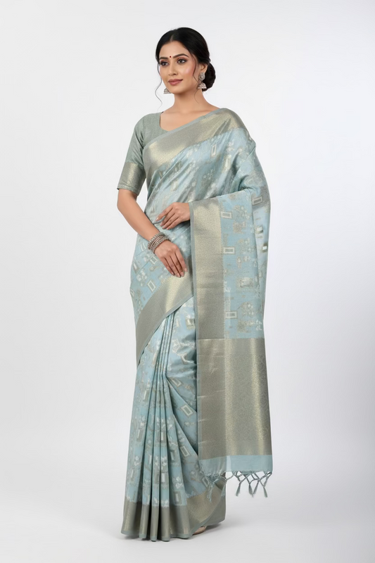 Light Blue Block linen saree