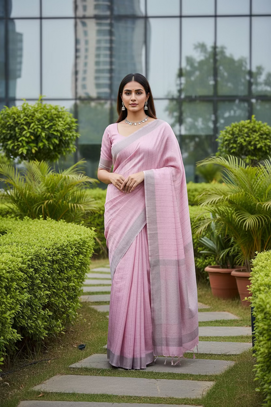 Pink Striped linen Saree