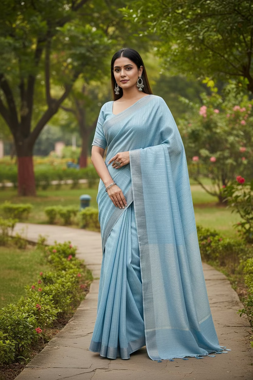 Blue Striped linen Saree