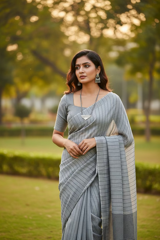 Grey Striped Linen Saree