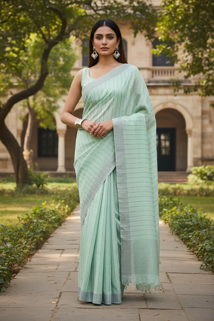 Green Striped Linen Saree