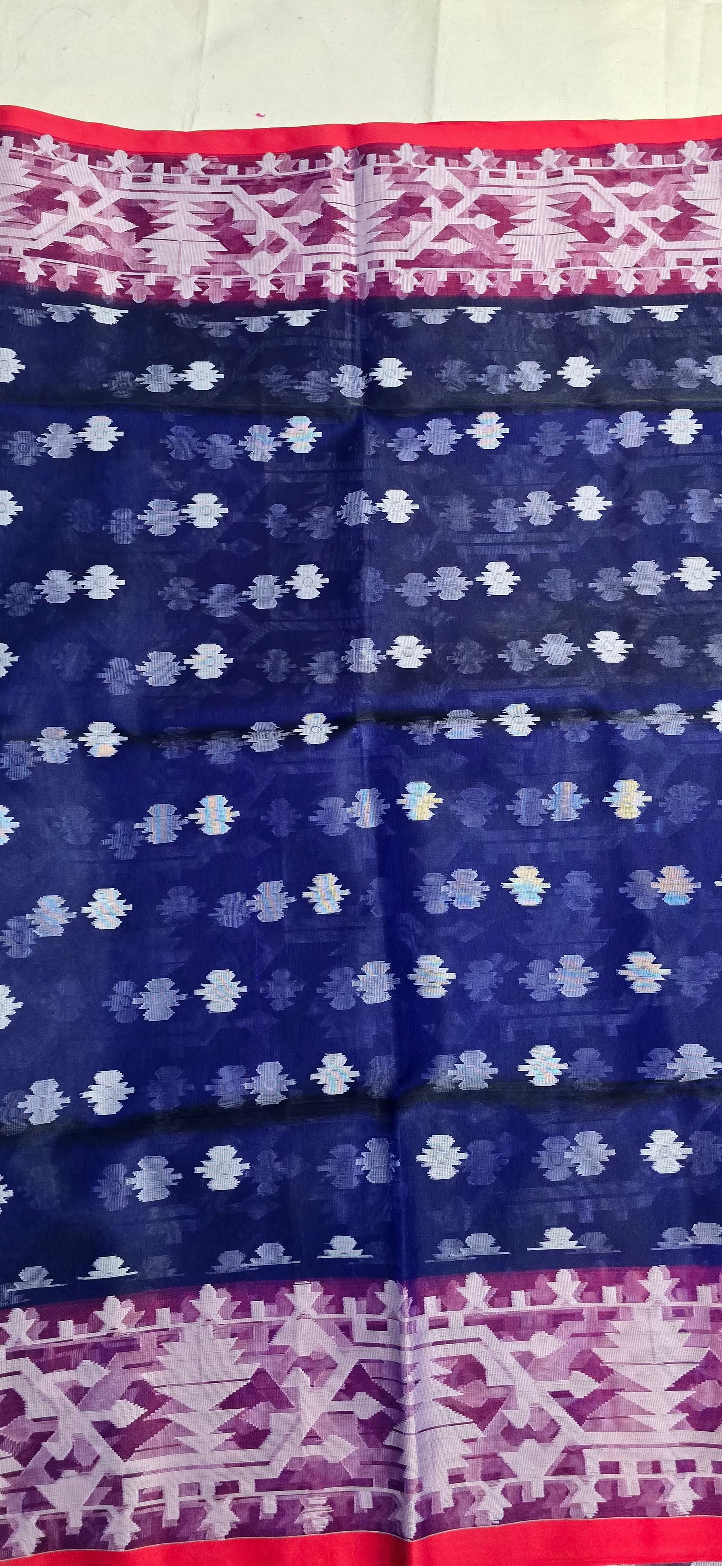 Blue Muslin Contrast Jamdani Saree