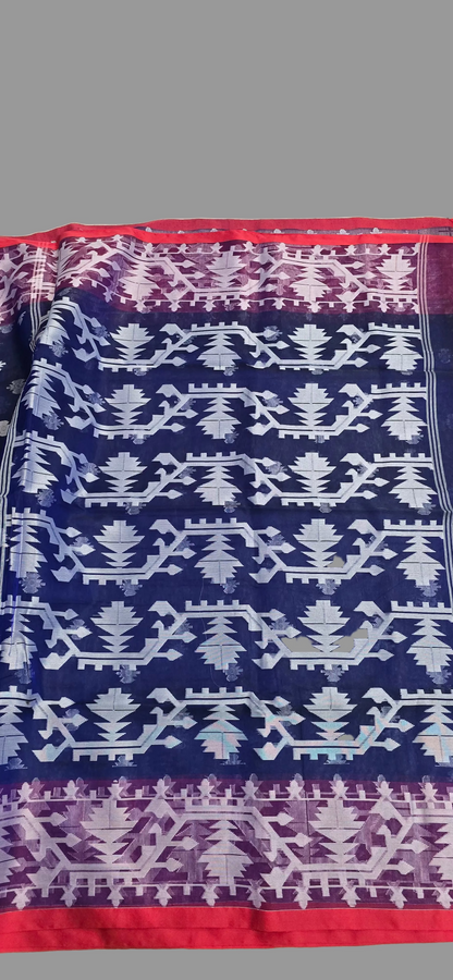 Blue Muslin Contrast Jamdani Saree