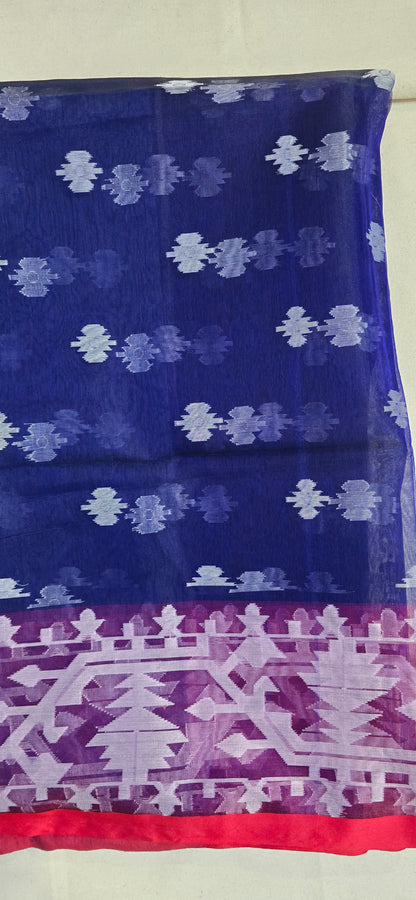 Blue Muslin Contrast Jamdani Saree