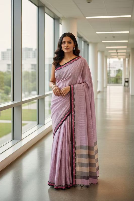 Pink Checks Cotton Saree