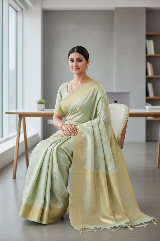 Olive Green  Block Linen saree