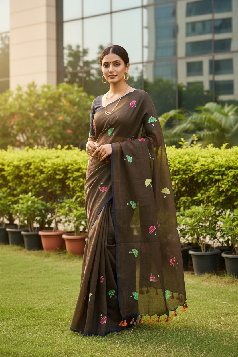 Brown Umbrella design Saree