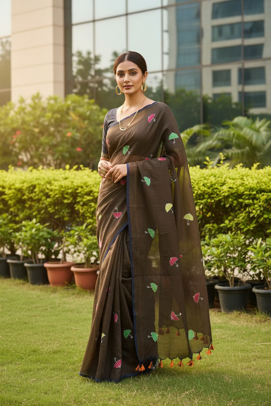 Brown Umbrella design Saree