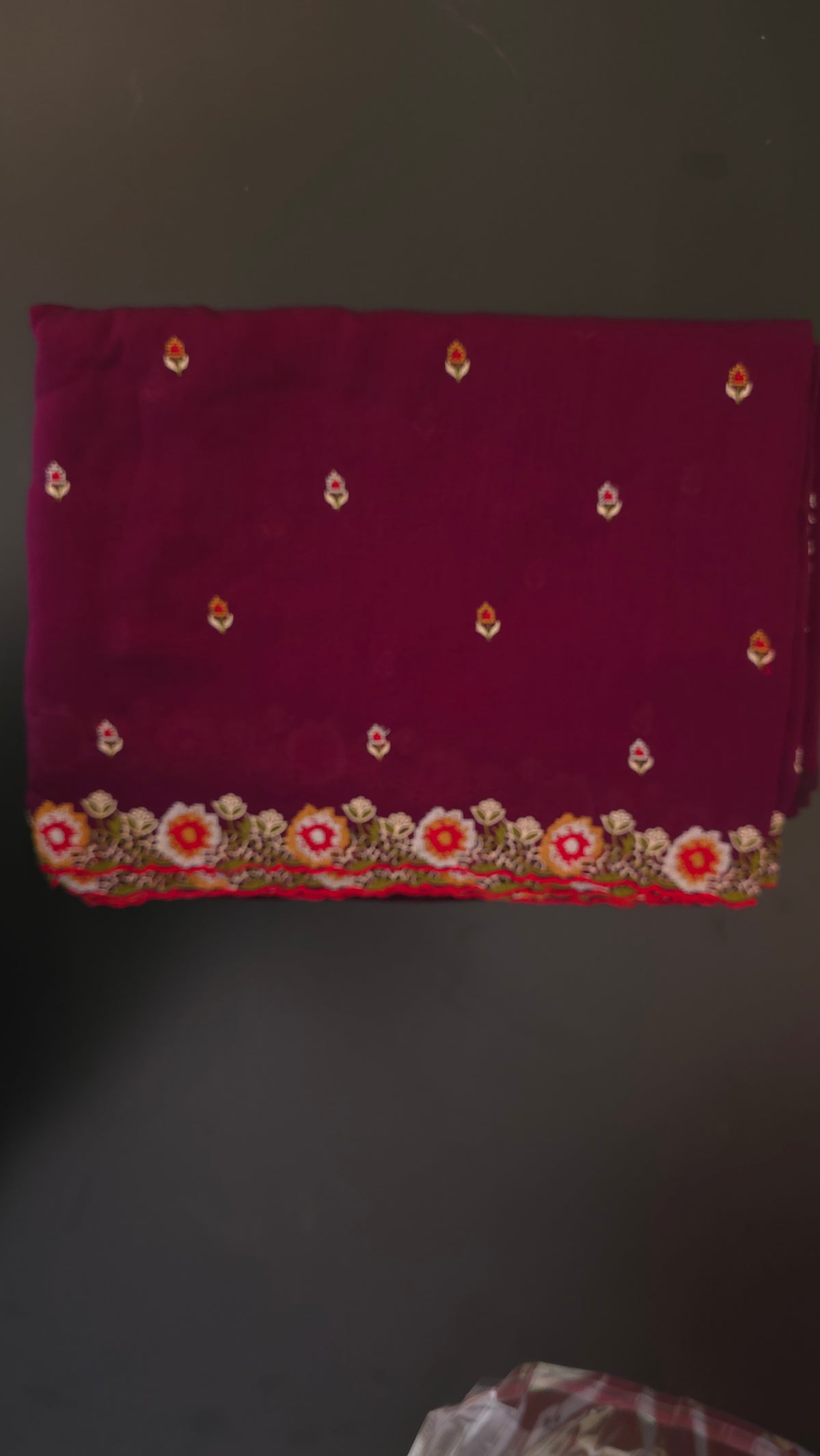 Wine Vichitra Silk flower Cutwork Embroidered border Saree
