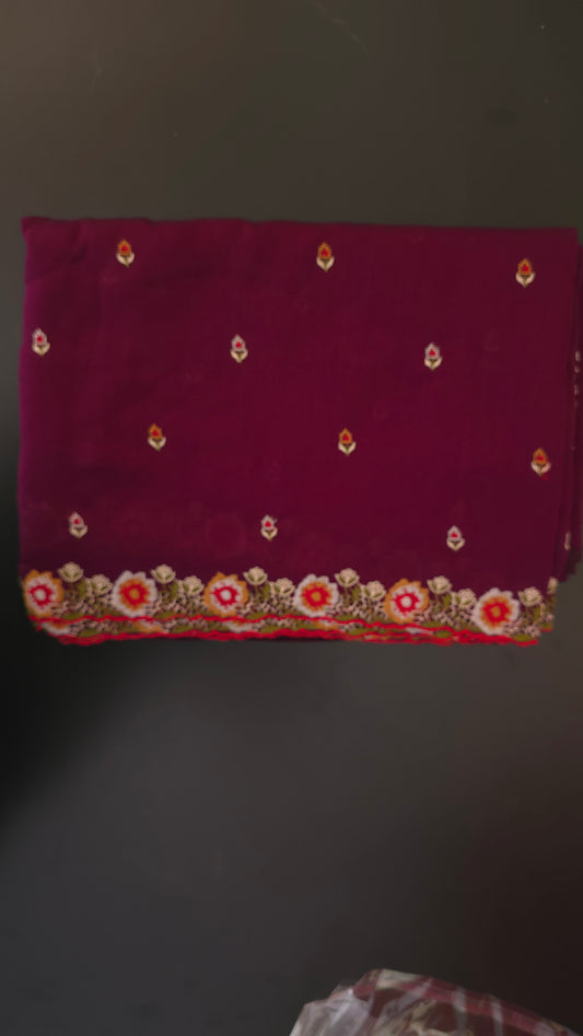 Wine Vichitra Silk flower Cutwork Embroidered border Saree