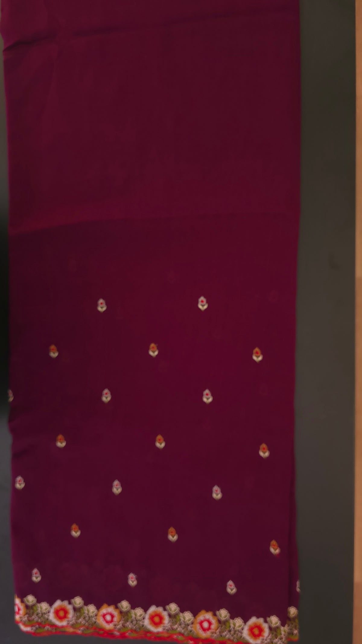 Wine Vichitra Silk flower Cutwork Embroidered border Saree