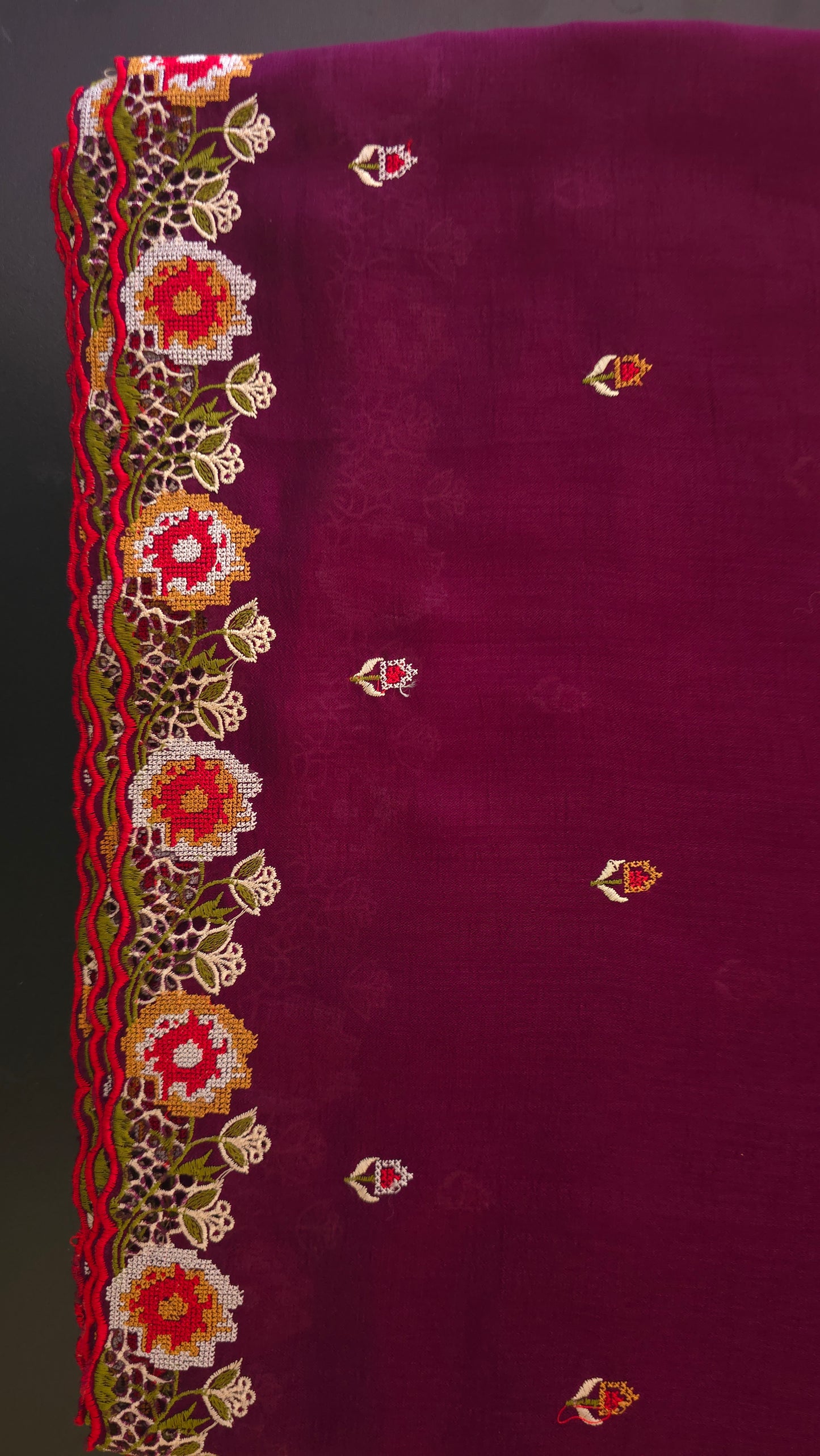 Wine Vichitra Silk flower Cutwork Embroidered border Saree