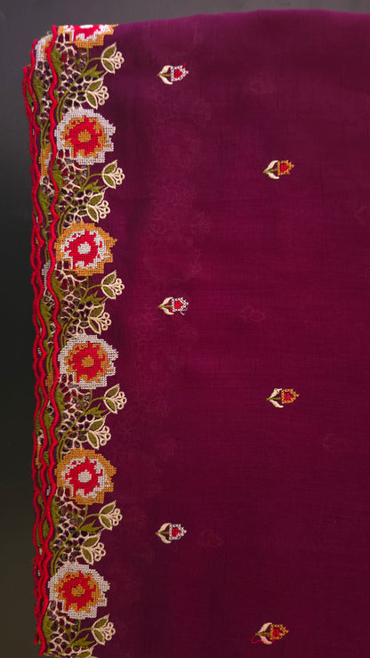 Wine Vichitra Silk flower Cutwork Embroidered border Saree