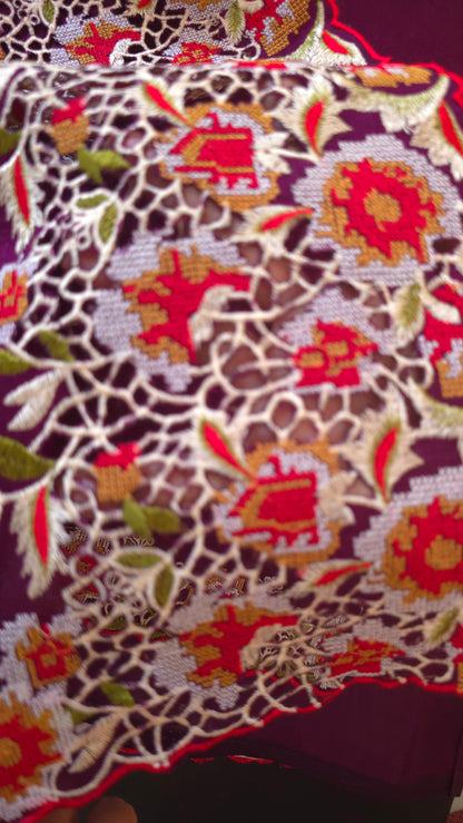 Red Vichitra Silk flower Cutwork Embroidered border Saree