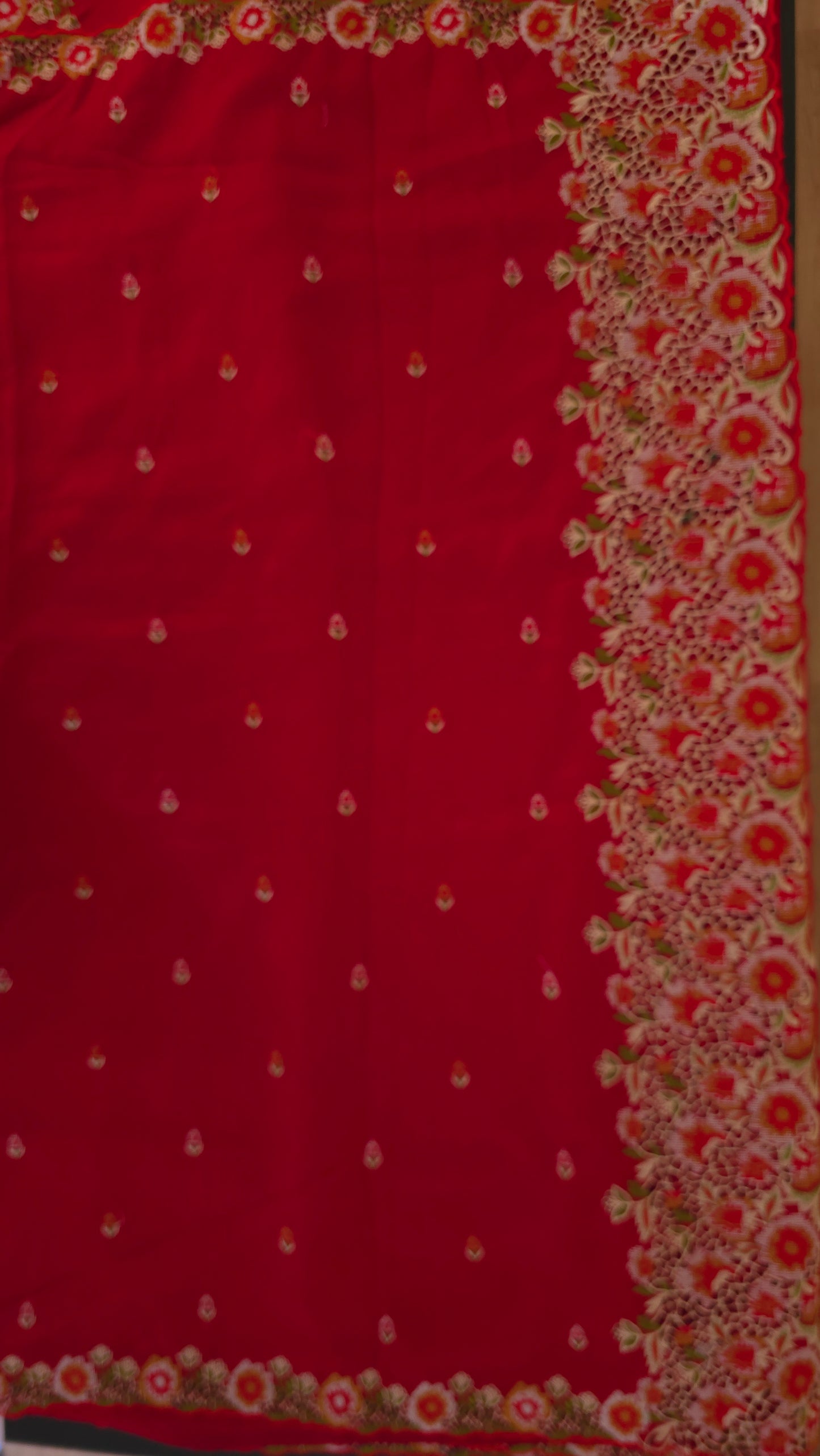 Red Vichitra Silk flower Cutwork Embroidered border Saree