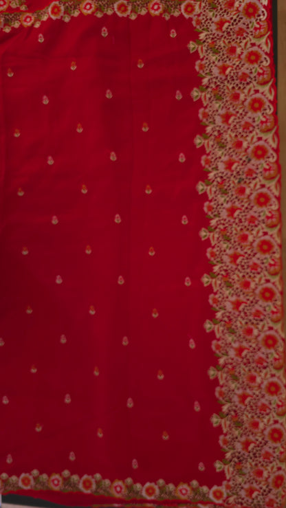 Red Vichitra Silk flower Cutwork Embroidered border Saree