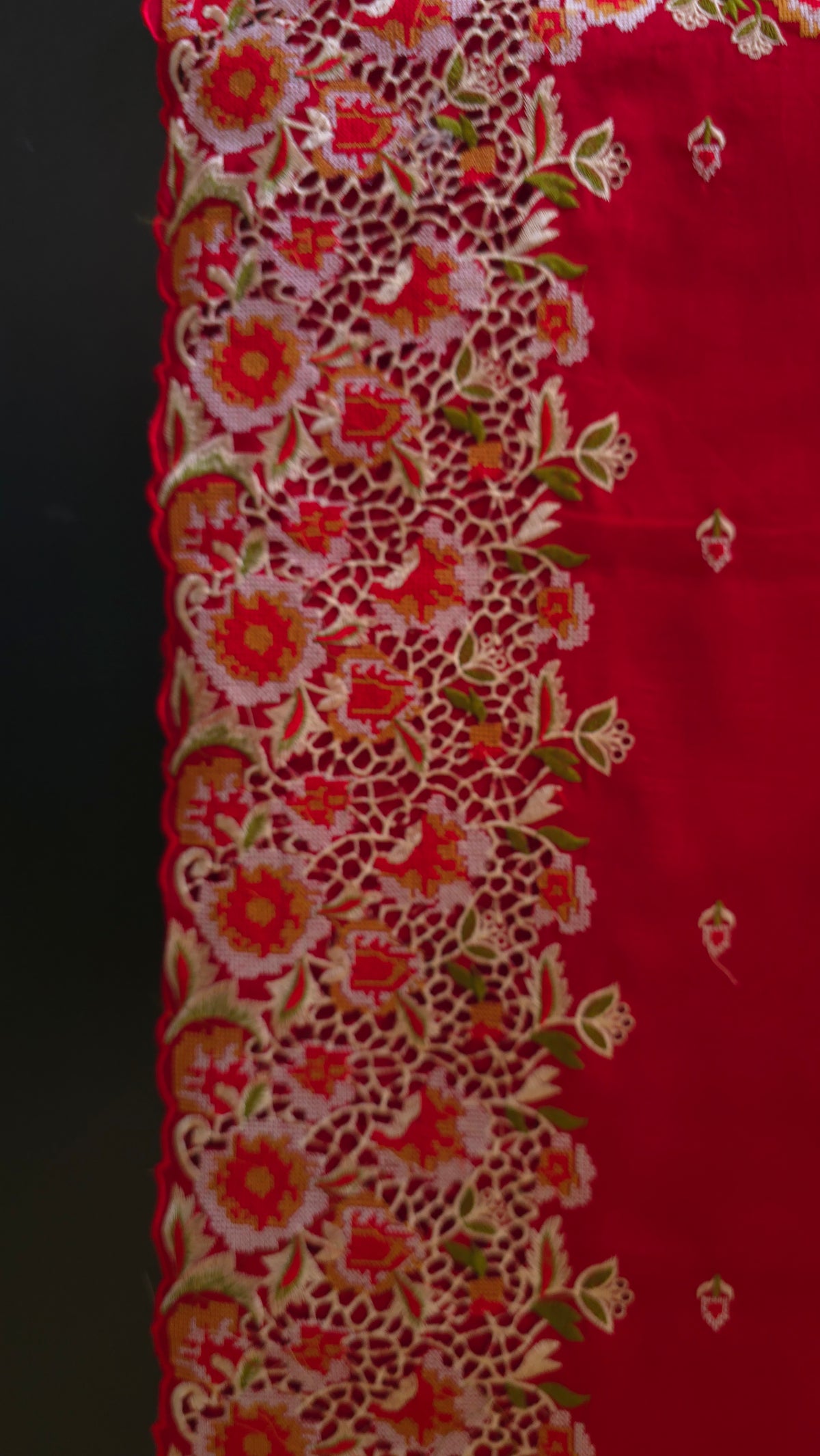 Red Vichitra Silk flower Cutwork Embroidered border Saree