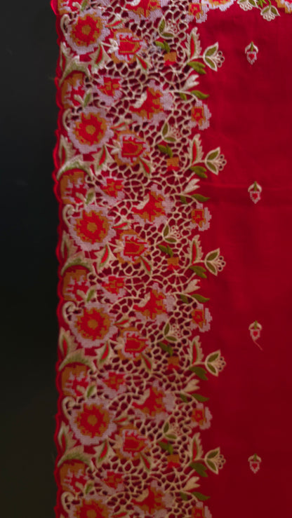 Red Vichitra Silk flower Cutwork Embroidered border Saree