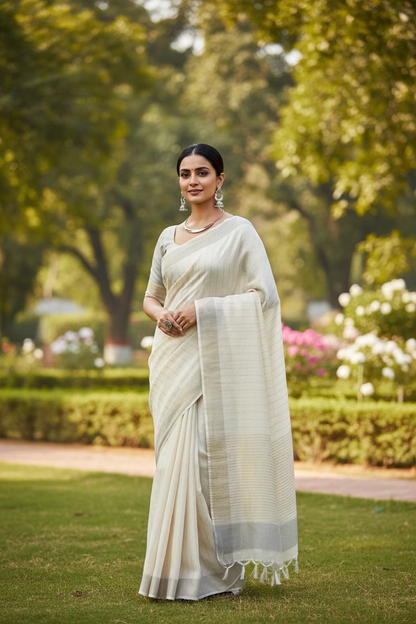 Cream Striped Linen Saree