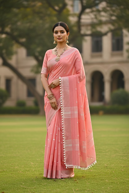 Pink Palm embroidered Linen Saree