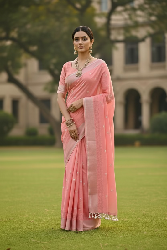 Pink Linen Palm embroidered Saree