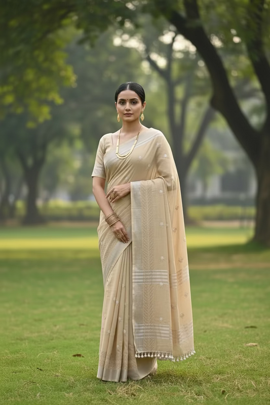 Beige Linen Palm embroidered Saree