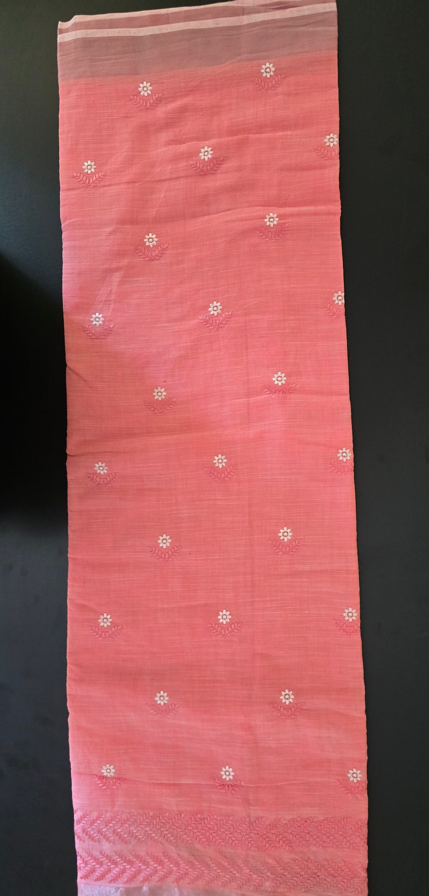Pink Palm embroidered Linen Saree
