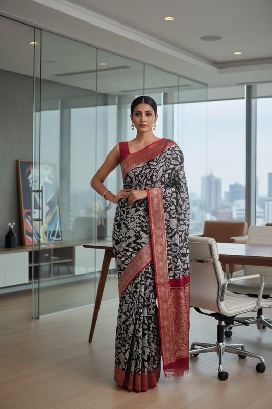 Black and white kalamkaari Saree