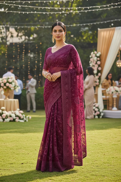 Purple Georgette Embroidered Jarkan work Saree