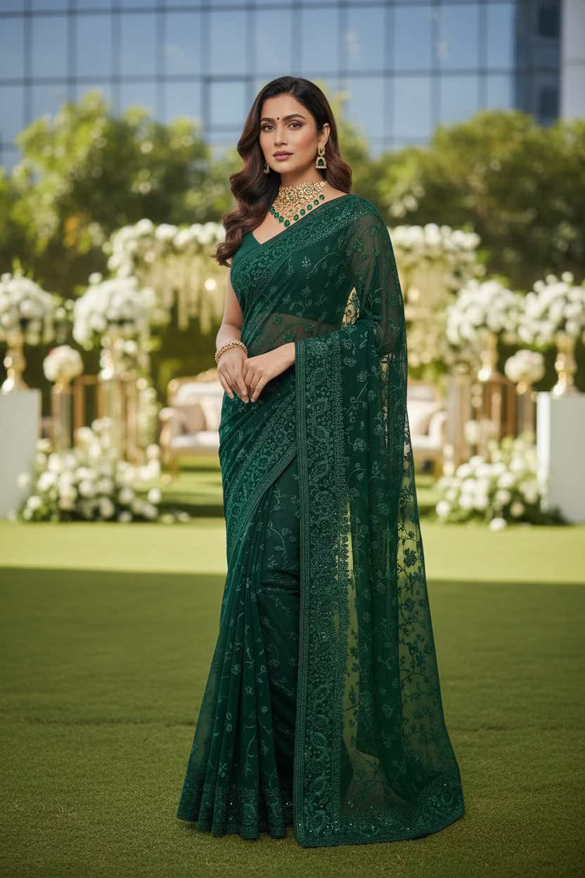 Green Georgette Embroidered Jarkan work Saree