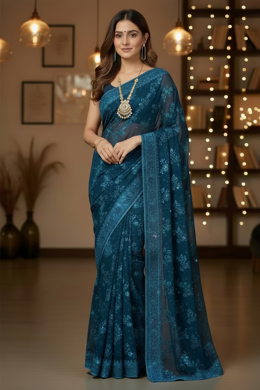 Navy Blue Georgette embroidered Jarkan work Saree