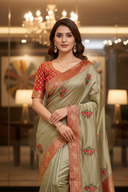 Sage Green Silk saree with readymade blouse