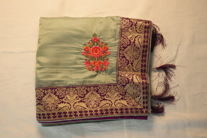 Olive Green Silk Saree with Stiched Blouse