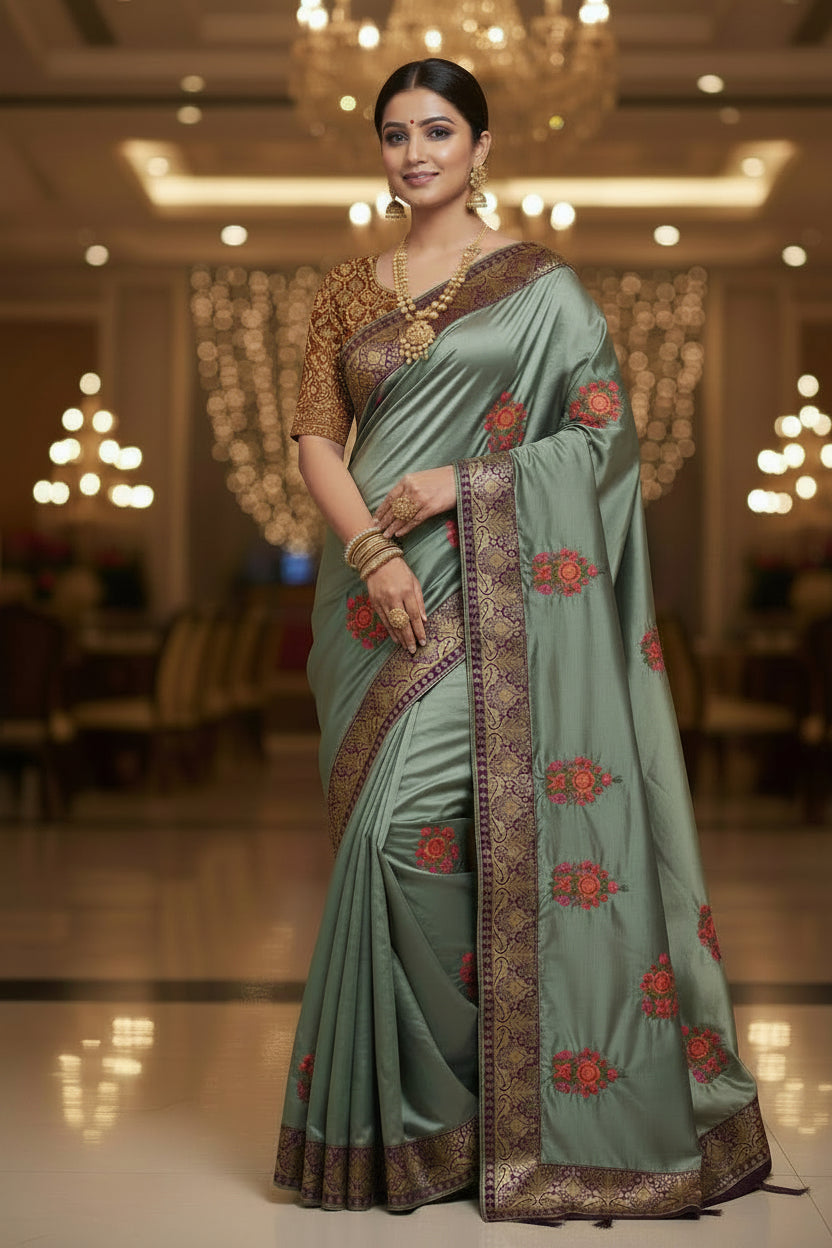 Olive Green Silk Saree with Stiched Blouse