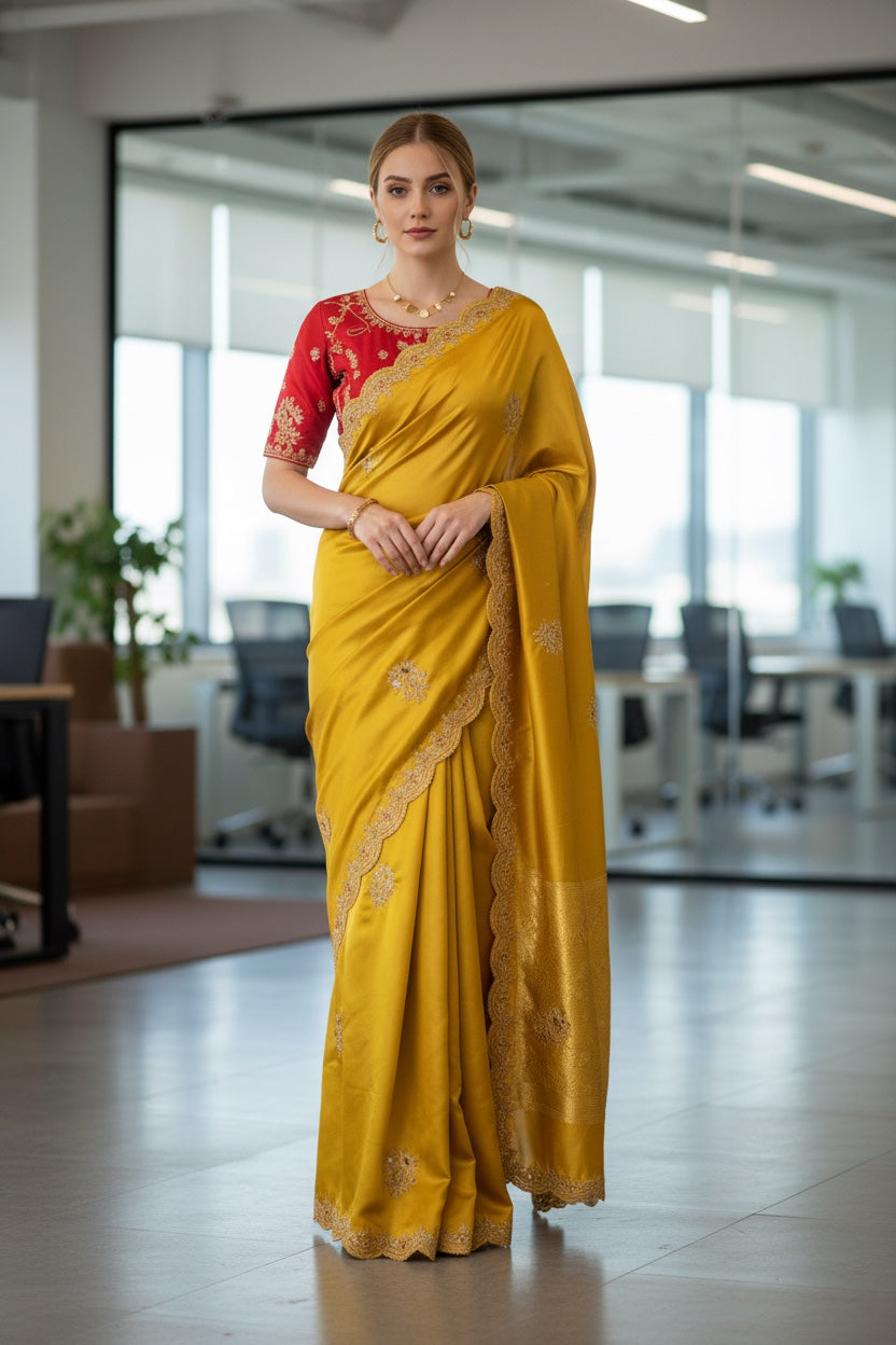 Mustard saree with red blouse
