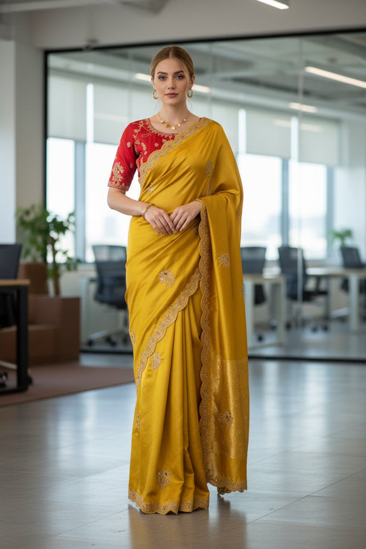 Mustard saree with red blouse