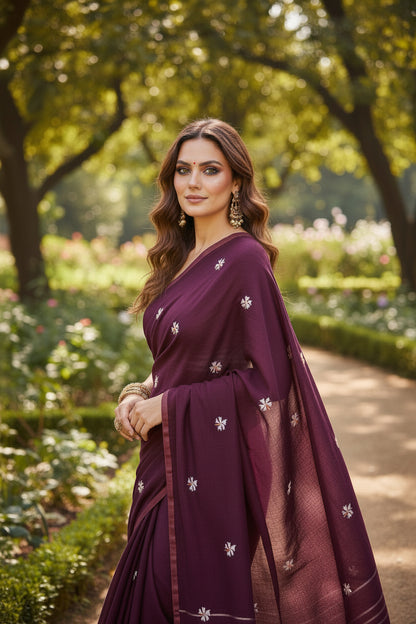 Wine Khadi Cotton Saree