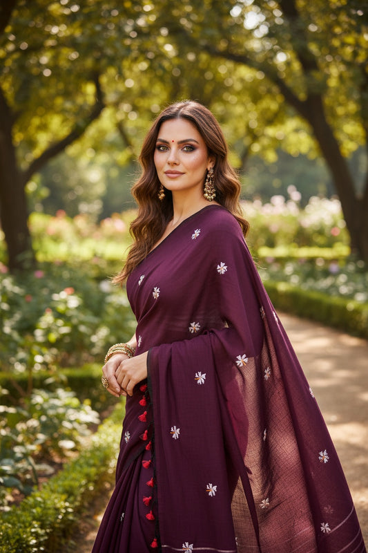 Wine Khadi Cotton Saree
