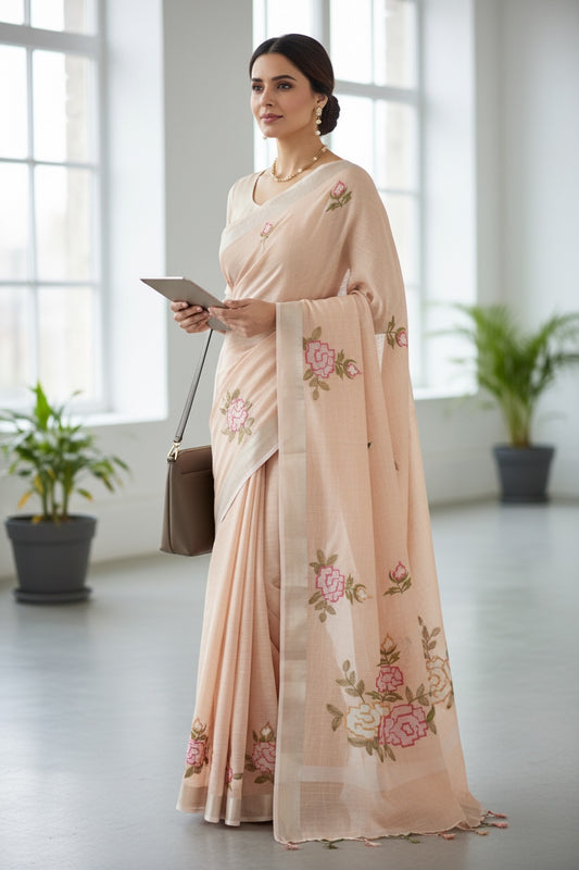 Beige Linen Big Cross stich Saree