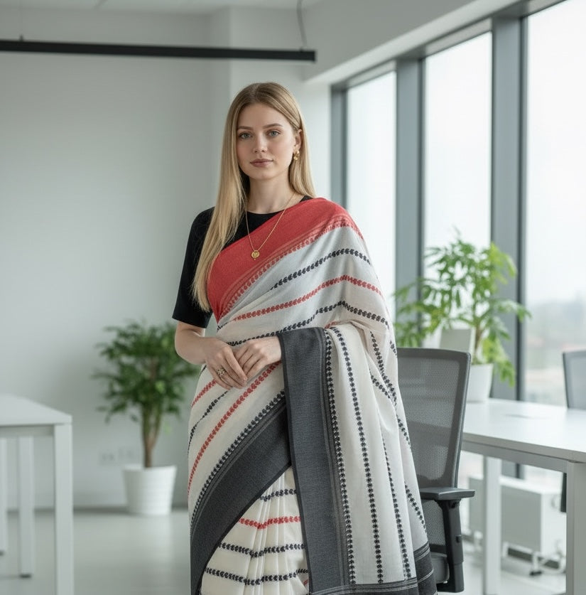 Striped Red and Black Saree
