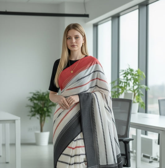 Striped Red and Black Saree