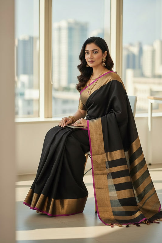 Black and Copper Khadi Cotton Saree