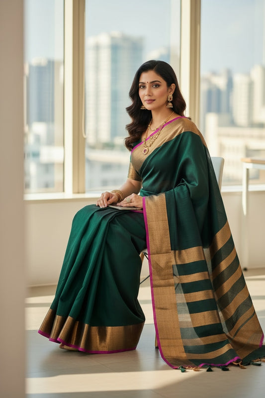 Green and Copper Khadi Cotton Saree