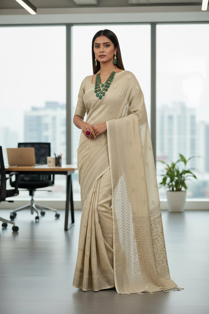 Beige Linen embroidered Saree