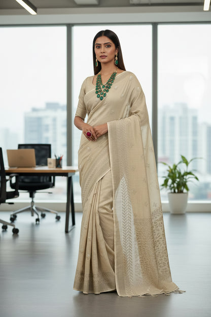 Beige Linen embroidered Saree