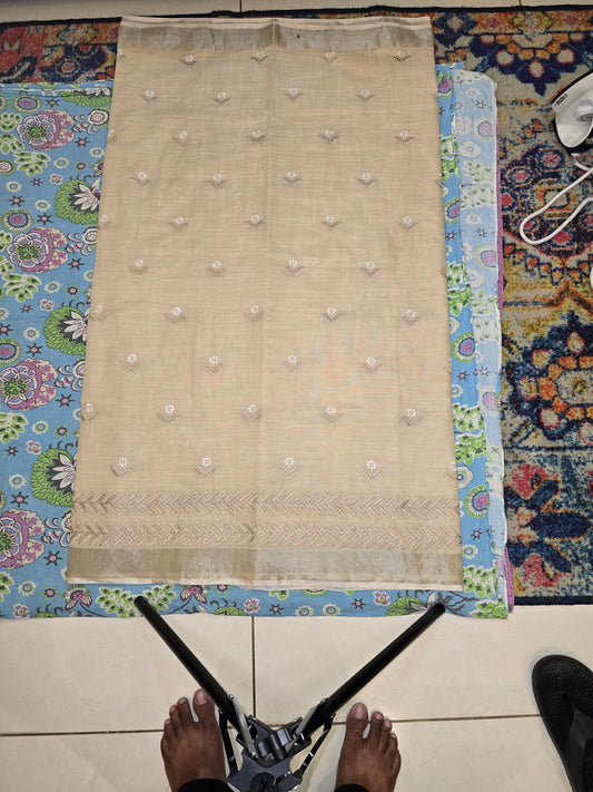 Beige Linen palm embroidered Saree