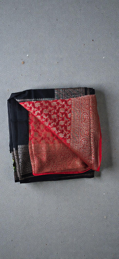 Black Banarsi  Crepe Silk Saree
