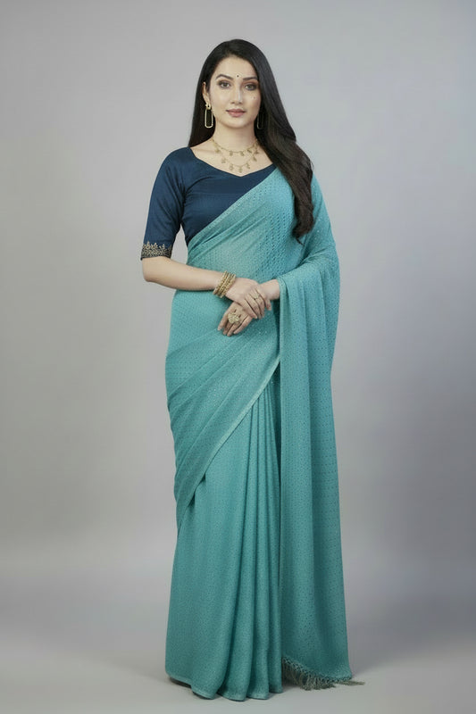 Aqua Green Georgette Saree with embroidered blouse